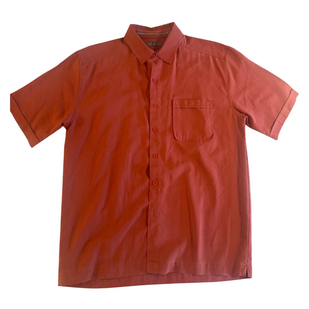 REI Mens Short Sleeve Button Down Shirt Rust Orange‎ Textured Rayon Blend Small